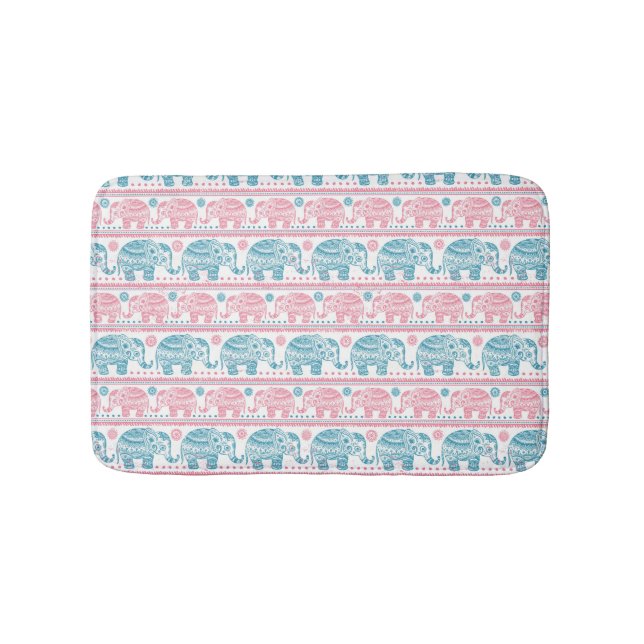 Pink And Teal Ethnic Elephant Pattern Bath Mat (Front)