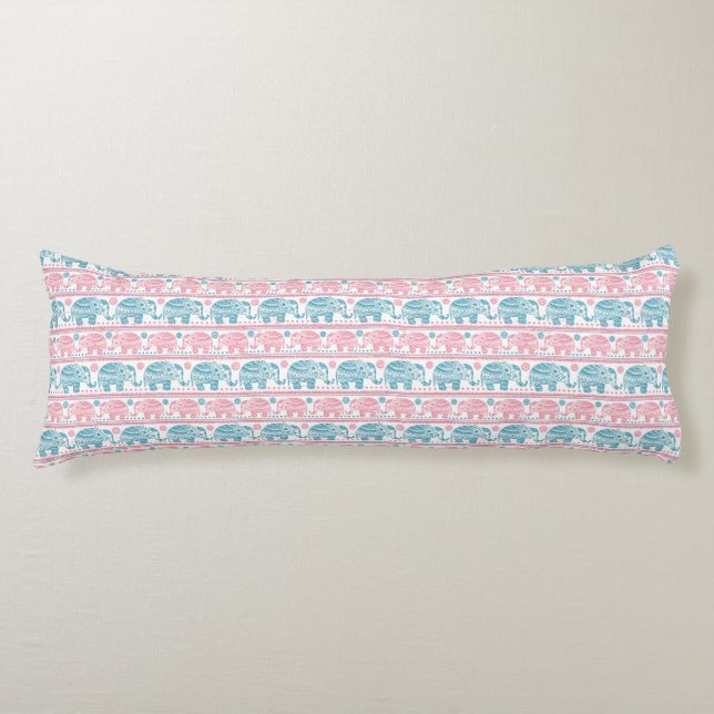 Pink And Teal Ethnic Elephant Pattern Body Cushion (Front)