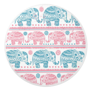 Pink And Teal Ethnic Elephant Pattern Ceramic Knob