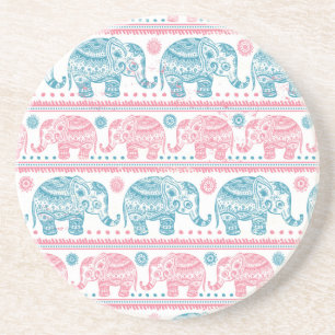 Pink And Teal Ethnic Elephant Pattern Coaster