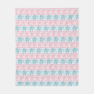 Pink And Teal Ethnic Elephant Pattern Fleece Blanket