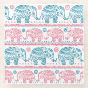 Pink And Teal Ethnic Elephant Pattern Glass Coaster