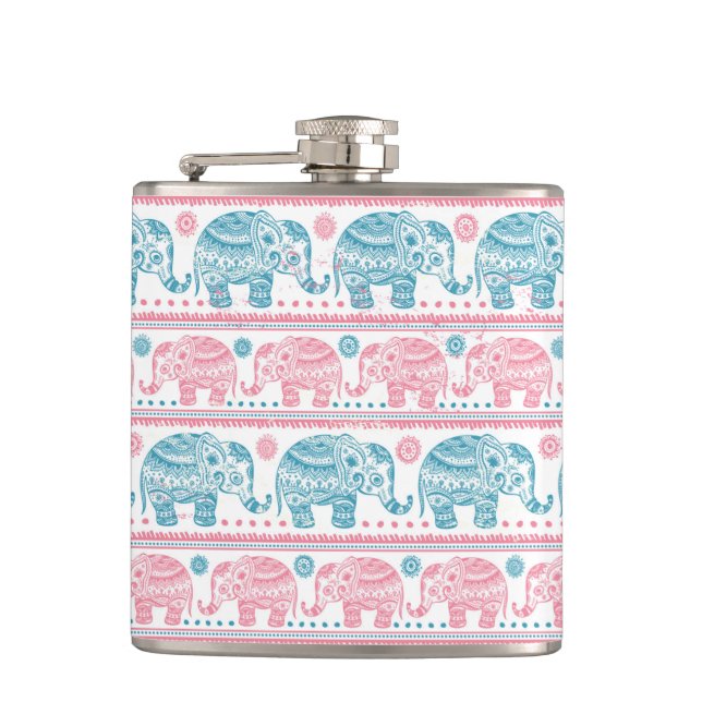 Pink And Teal Ethnic Elephant Pattern Hip Flask (Front)