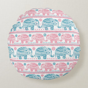 Pink And Teal Ethnic Elephant Pattern Round Cushion