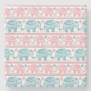 Pink And Teal Ethnic Elephant Pattern Stone Coaster