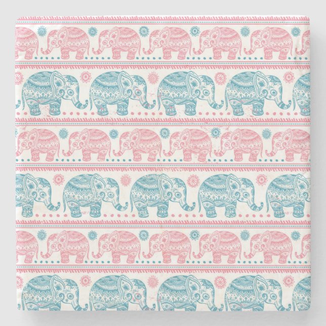 Pink And Teal Ethnic Elephant Pattern Stone Coaster (Front)