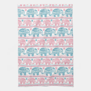 Pink And Teal Ethnic Elephant Pattern Tea Towel