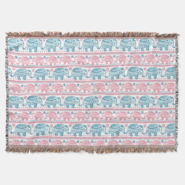 Pink And Teal Ethnic Elephant Pattern Throw Blanket (Front)