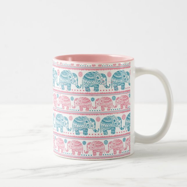 Pink And Teal Ethnic Elephant Pattern Two-Tone Coffee Mug (Right)