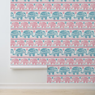 Pink And Teal Ethnic Elephant Pattern Wallpaper