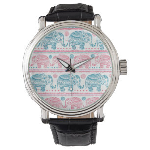 Pink And Teal Ethnic Elephant Pattern Watch