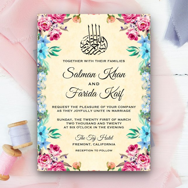 Pink and Teal Floral Islamic Muslim Wedding Invitation (Creator Uploaded)