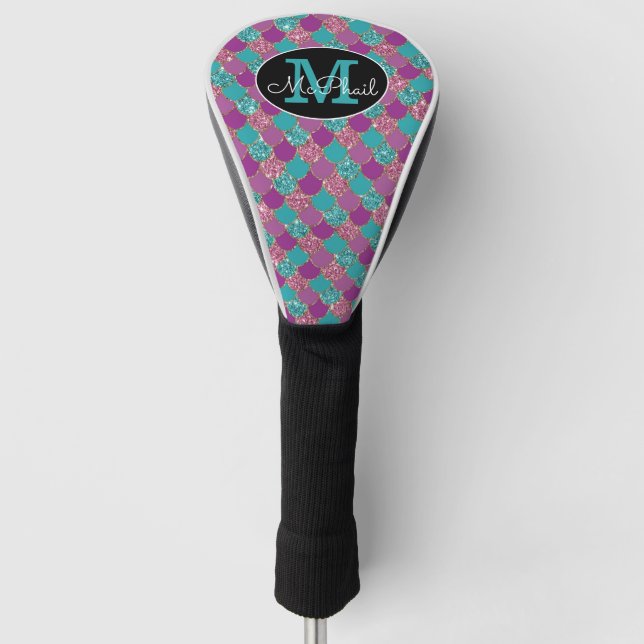 Pink and Teal Glittery Mermaid Monogram Golf Head Cover (Front)