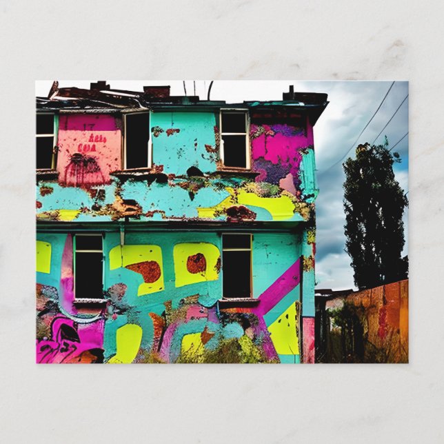 Pink and Teal Graffiti Art | Abandoned House Postcard (Front)