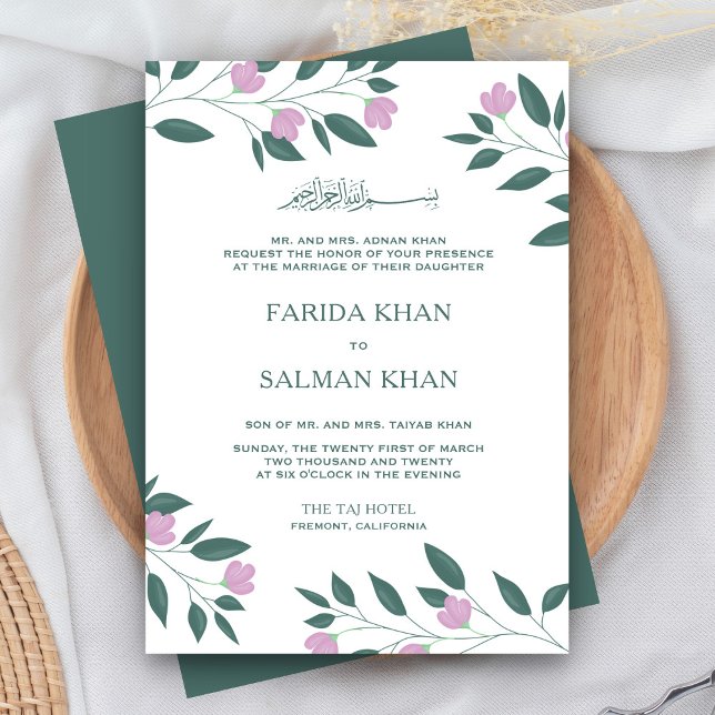 Pink and Teal Green Branch Islamic Muslim Wedding Invitation (Creator Uploaded)