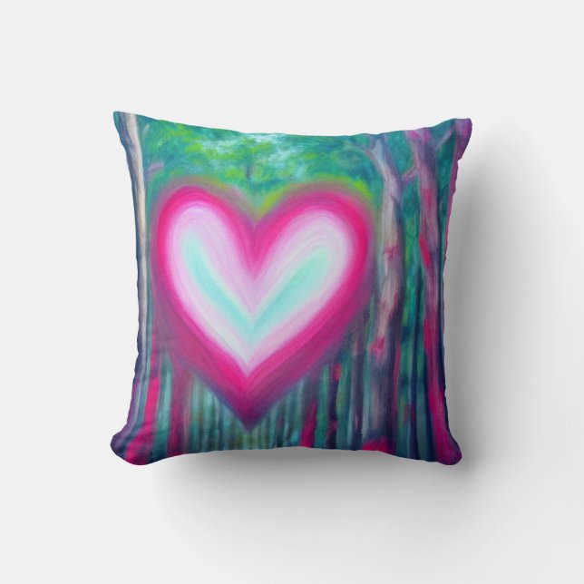 Pink and Teal Heart in a Forest Pillow (Front)