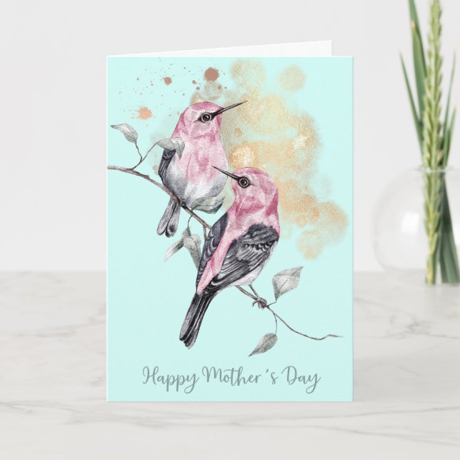 Pink and Teal Hummingbirds Mother's Day Card (Front)