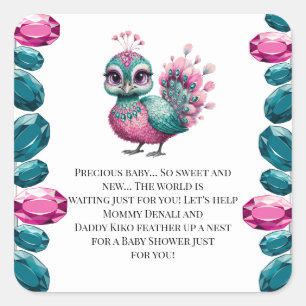 Pink and Teal Jewel Baby Peacock Baby Shower Square Sticker