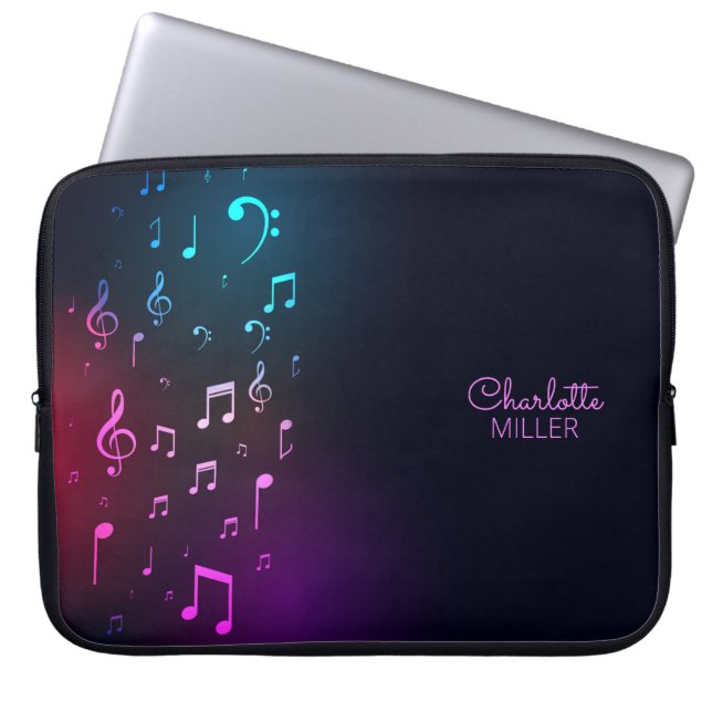 Pink and Teal Music Notes and Custom Name Laptop Sleeve (Front)