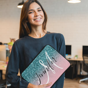 Pink and Teal Ombre Glitter Monogrammed Laptop Sleeve
