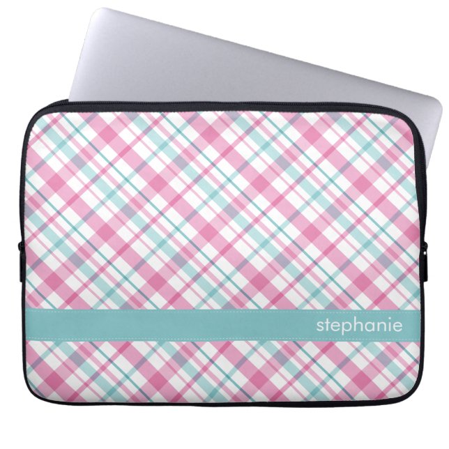 Pink and Teal Plaid Pattern Laptop Sleeve (Front)