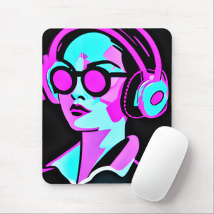 Pink and Teal Psychedelic Lady in Headphones Mouse Pad