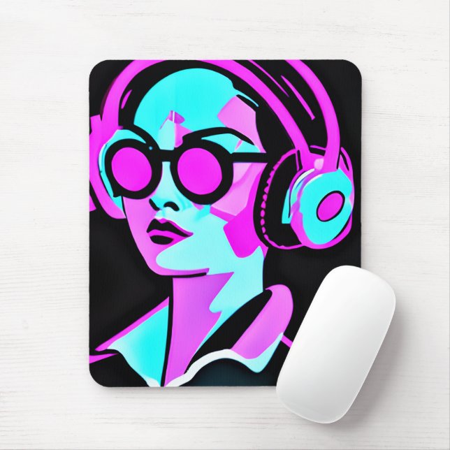 Pink and Teal Psychedelic Lady in Headphones Mouse Pad (With Mouse)