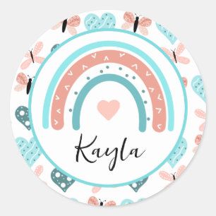 Pink and Teal Rainbows, Butterflies and Hearts Classic Round Sticker