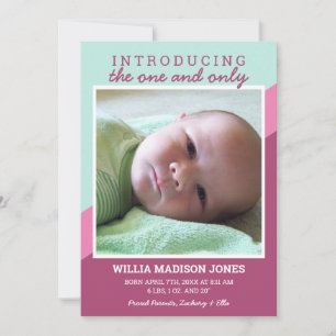 Pink and Teal Retro Stripes Baby Birth Announcement