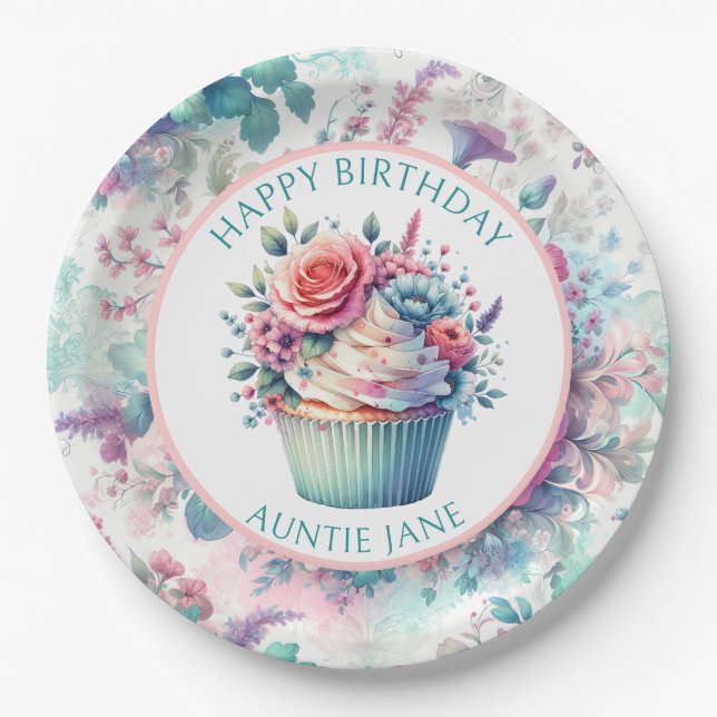 Pink and Teal Shabby Chic Floral Party Paper Plate (Front)