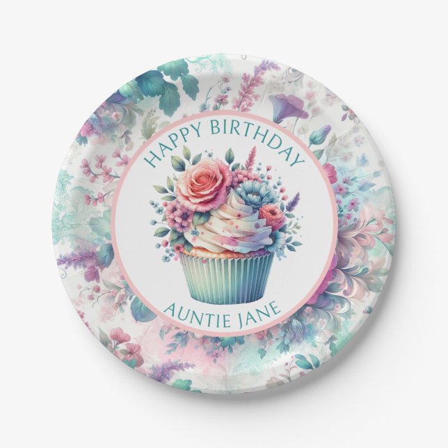 Pink and Teal Shabby Chic Floral Party Paper Plate (Front)