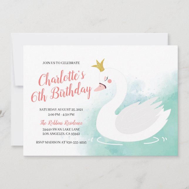 Pink and Teal Swan Princess Girl Birthday Invitation (Front)