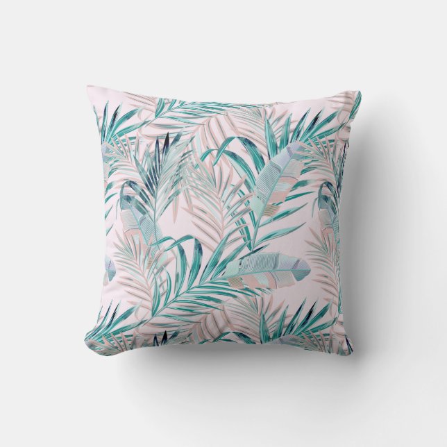 Pink and Teal Tropical Ferns and Feathers Cushion (Front)