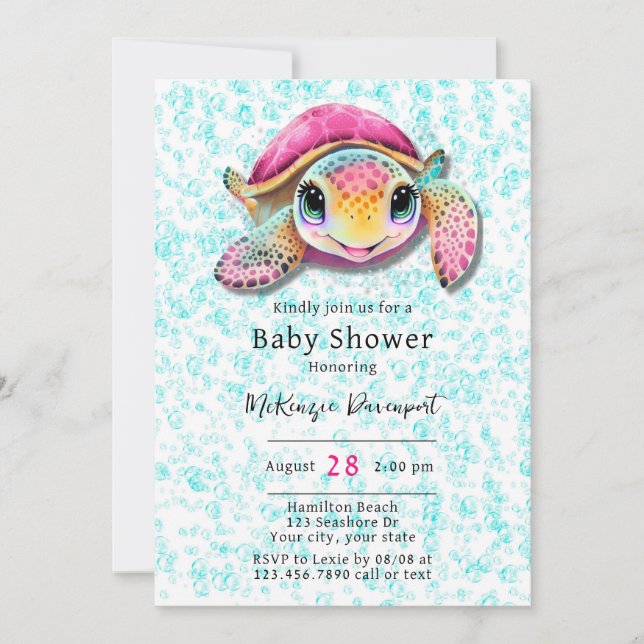 Pink and Teal Turtle Girl Baby Shower Invitation (Front)