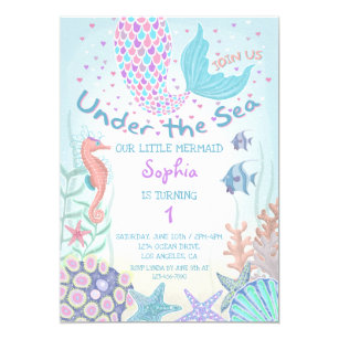 Pink and Teal Under the Sea Mermaid Birthday Invitation