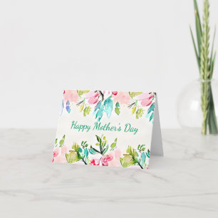 Pink and teal watercolor floral frame custom card