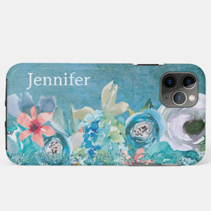 Pink and teal watercolor floral personalised iPhone 11 pro max case