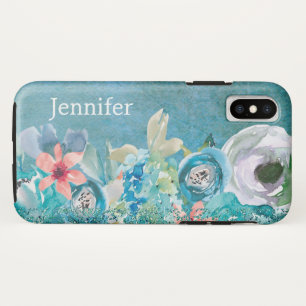 Pink and teal watercolor floral personalised iPhone XS case
