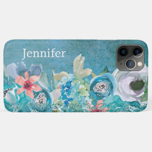 Pink and teal watercolor floral personalised iPhone 11 pro max case