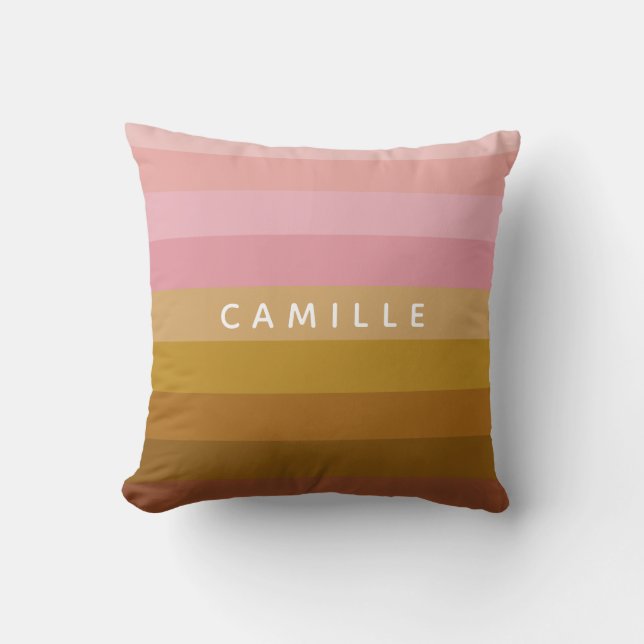 Pink and Terracotta Boho Geometric Stripes Name Cushion (Front)