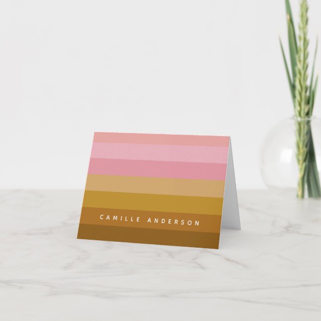 Pink and Terracotta Boho Geometric Stripes Name Note Card (Front)