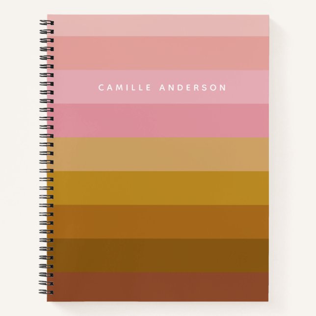 Pink and Terracotta Boho Geometric Stripes Name    Notebook (Front)