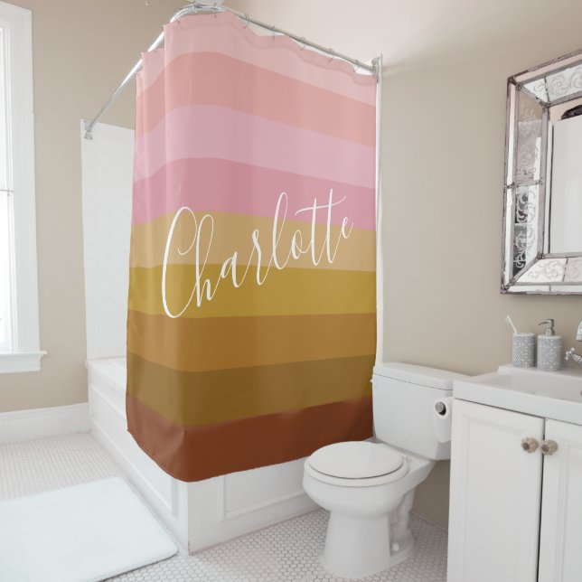 Pink and Terracotta Boho Geometric Stripes Name    Shower Curtain (In Situ)