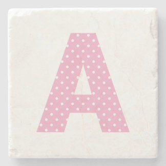 Pink and Tiny White Polka Dot Bold A Monogram Stone Coaster