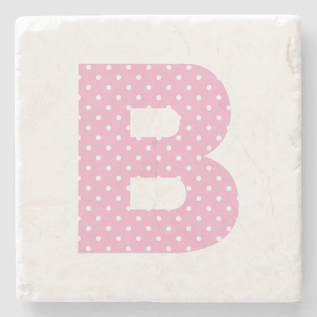 Pink and Tiny White Polka Dot Bold B Monogram Stone Coaster (Front)