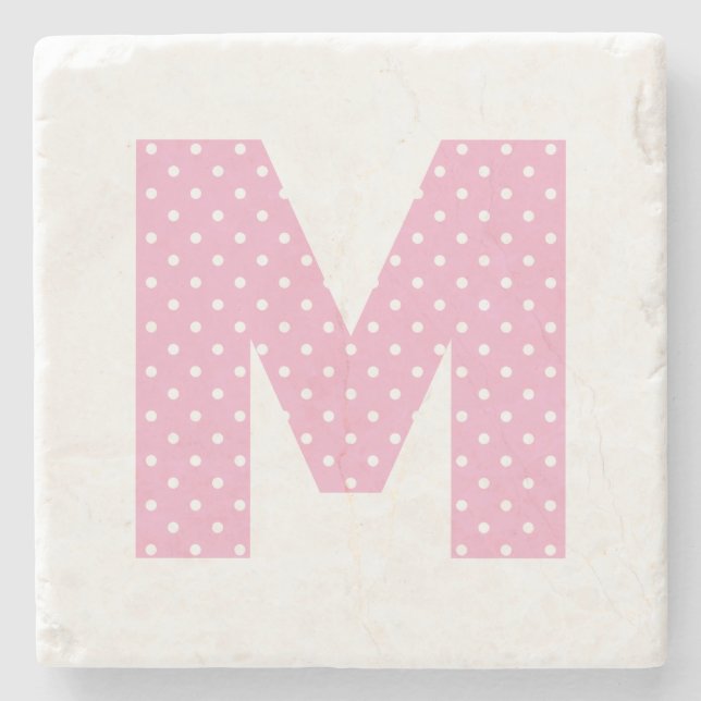 Pink and Tiny White Polka Dot Bold M Monogram Stone Coaster (Front)