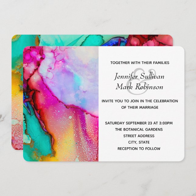 Pink and Turquoise Abstract Watercolor Wedding Invitation (Front/Back)