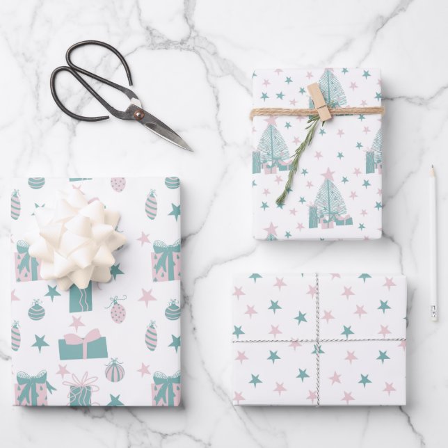 Pink and Turquoise Christmas Collection  Wrapping Paper Sheet (Front)