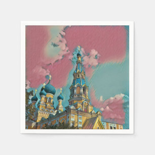 Pink and Turquoise Church Painting Paper Napkin