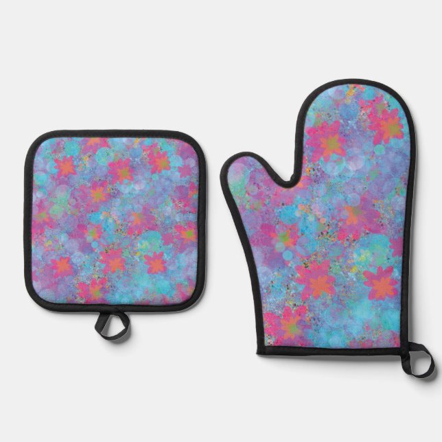 Pink and Turquoise Dream Oven Mitt & Pot Holder Set (Front)